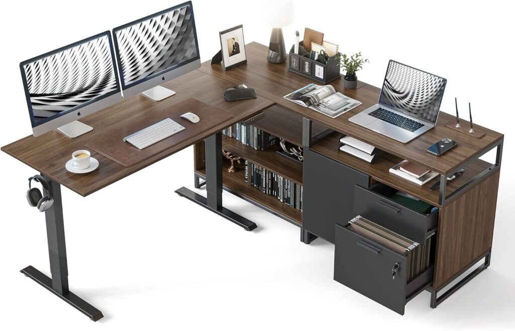 FEZIBO 66 Inch L Shaped Standing Desk with Drawers & Shelves, Executive Table Adjustable Height, Black Walnut Top/Black Frame
