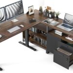 FEZIBO 66 Inch L Shaped Standing Desk with Drawers & Shelves, Executive Table Adjustable Height, Black Walnut Top/Black Frame