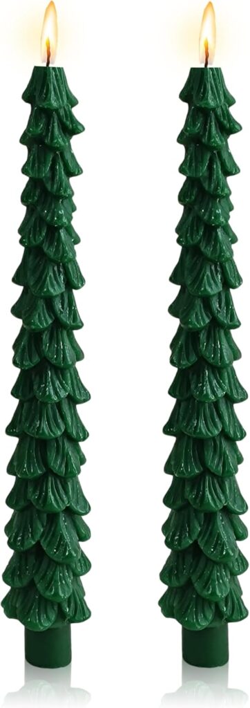 Christmas Tree 10 Inch Taper Candles Candlesticks Handmade Set of 2 Unscented Tapered Candle for Wedding Christmas Decoration(Dark Green)