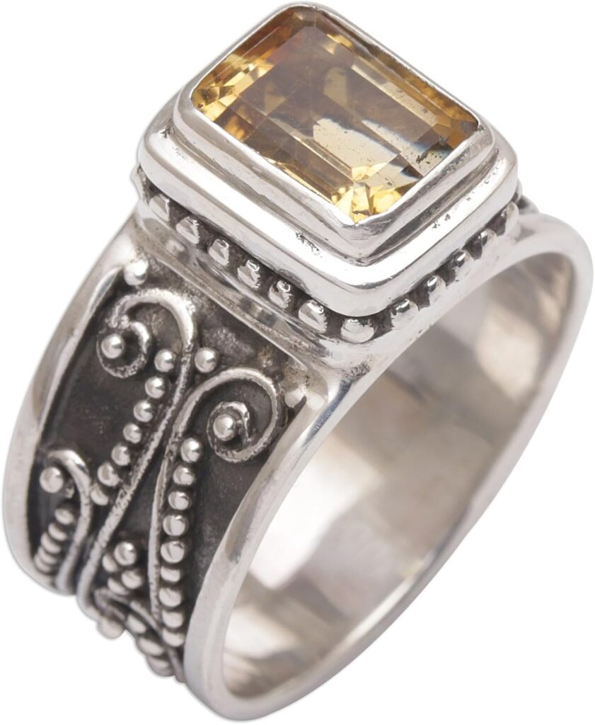 NOVICA Artisan Handmade Citrine Cocktail Ring .925 Sterling Silver Yellow Single Stone Indonesia Gemstone Birthstone ‘Quadratic Agreement’