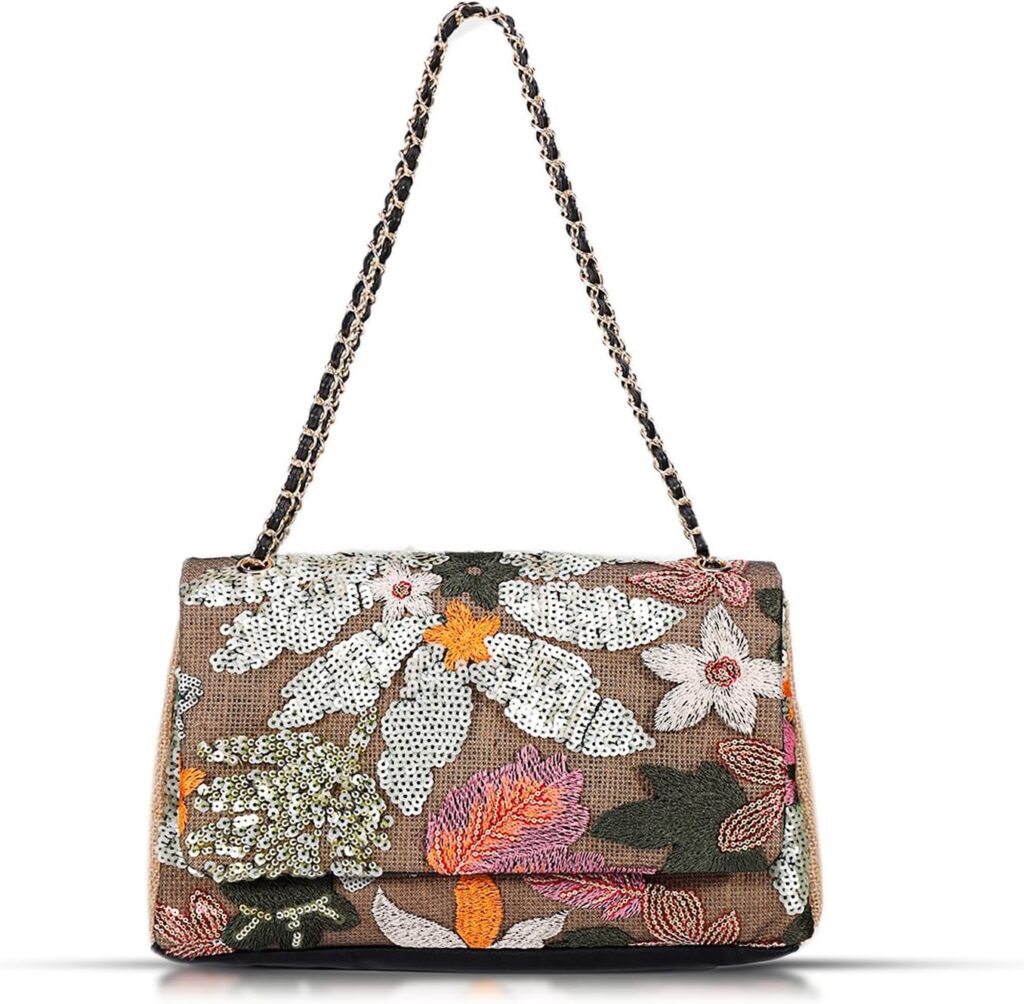 Tote Bag for Women, Beach Bag, Handmade Sequin Embroidery Straw Bag Bohemian Handbag Large Capacity Shoulder Bag Suitable for Vacation, Travel, Daily, Banquet(Silver Flower)