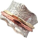 ENERGY STONE 925 Sterling Silver Fidget Ring | Women Spinner Ring | Balance and Beauty | Romantic Exquisite Beauty | Roll Pressed Floral Pattern | Artisan Made | Brass & Copper Spinners | Size 5-12
