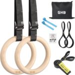 GHB Gymnastic Rings Wooden Gym Rings 1.25″ Olympic Rings Adjustable Straps Pull Up Rings Sets for Workout Bodyweight Fitness Training