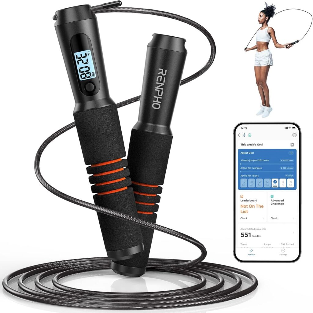 RENPHO Smart Jump Rope – APP Data Storage & Tracking & Analysis, Tangle-Free Jumping Rope for Men, Women, Skipping Rope with Counter, Adjustable workout Jump Ropes for Crossfit, Gym, MMA
