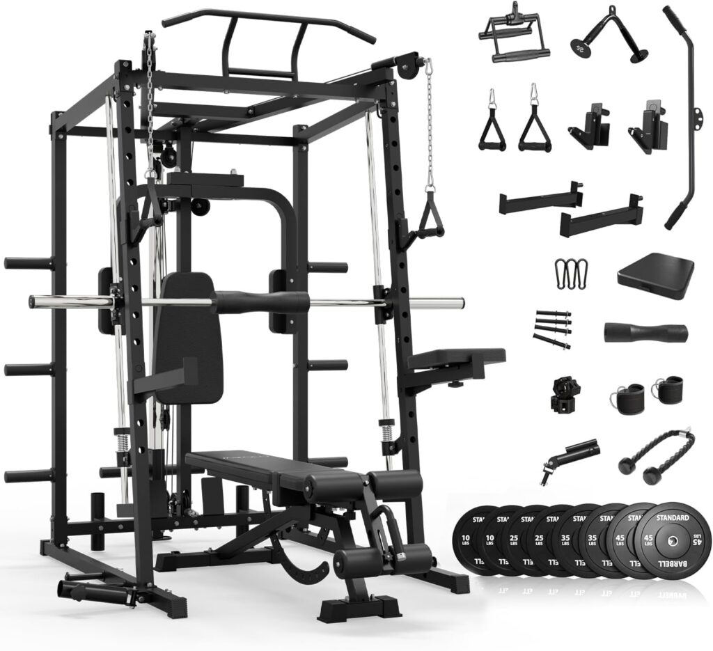 Mikolo All-in-One Smith Machine Home Gym with 230lbs Weight Plates, Power Cage with Cable Crossover, LAT Pulldown, Squat Rack & Adjustable Weight Bench