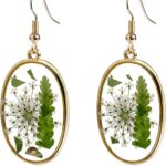14K Gold Plated Oval Pressed Flower Earrings – Delicate Flower Dangle Earrings with Dandelion and Green Leaves, Unique Floral Earrings for Women, Lightweight and Stylish Design
