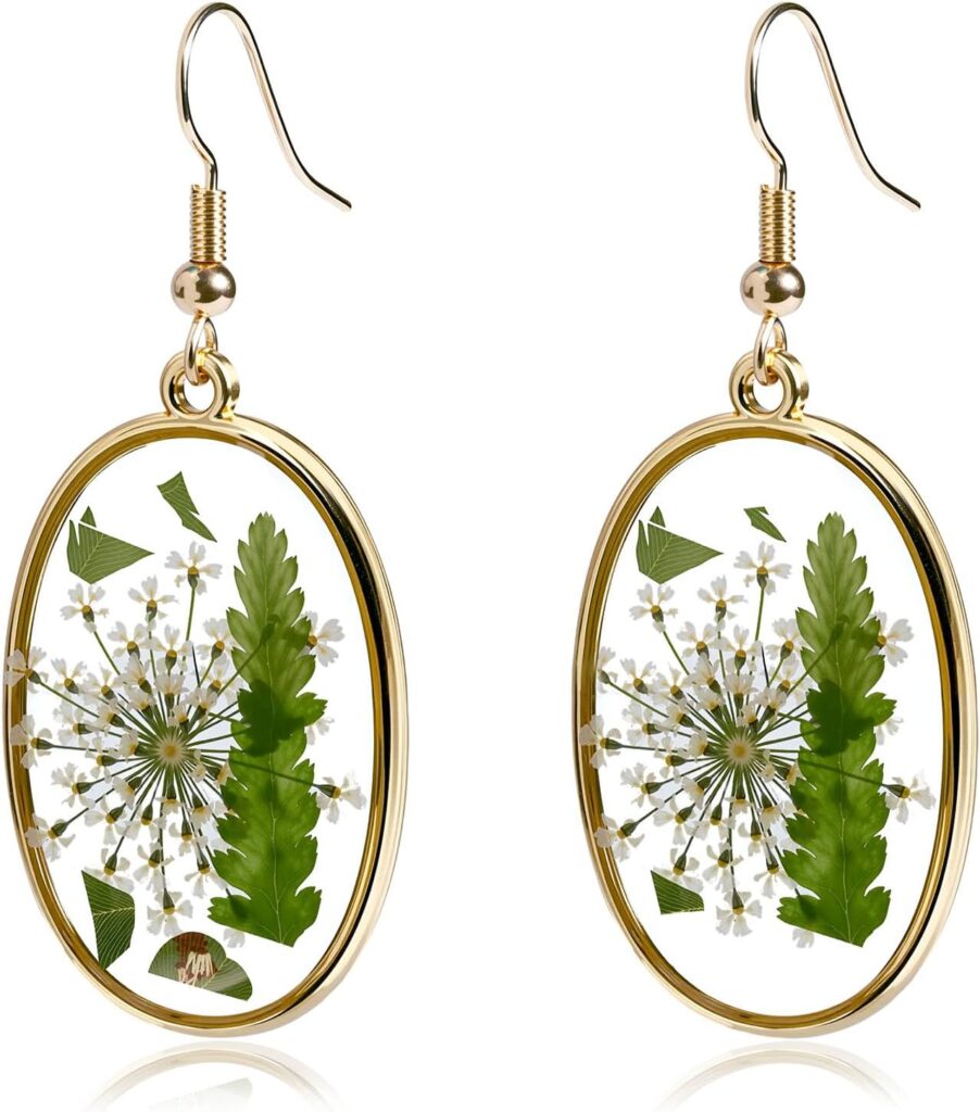 14K Gold Plated Oval Pressed Flower Earrings – Delicate Flower Dangle Earrings with Dandelion and Green Leaves, Unique Floral Earrings for Women, Lightweight and Stylish Design
