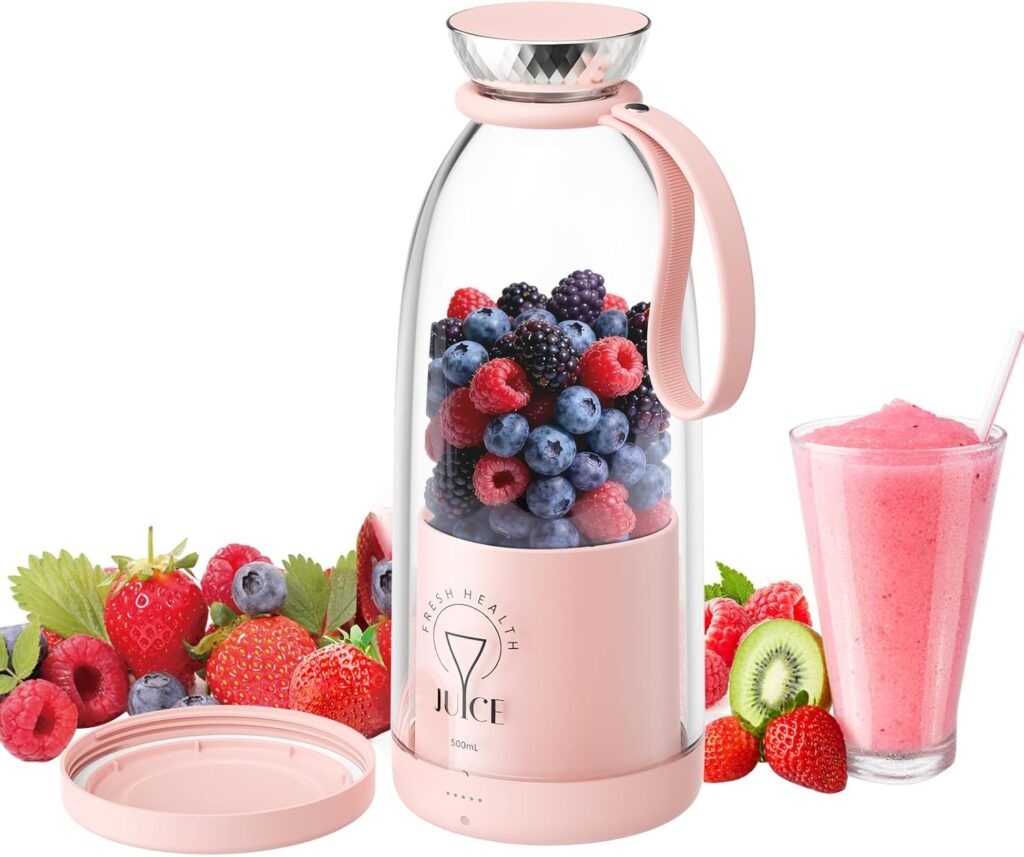 Portable Blender, Personal Smoothie Maker with 6 Blades, Rechargeable Mini Juicer Cup, 17 oz with Travel Lid for Outdoors, Camping, Office, Kitchen (Pink)