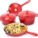 Hisencn Enameled Cast Iron Cookware Set – 7 Piece Dutch Ovens Set, Sauce Pan, Skillet, 3 Lids, Pots and Pans Set, Ceramic Coated Cast Iron, Heavy Duty, Gas/Induction Compatible, PFA Free, Rouge Red