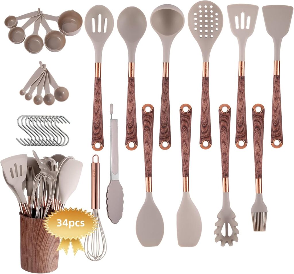 LiZza 34 Pcs Kitchen Utensils Set, 446oF Heat Resistant And Nonstick, Utensil Set with Holder, Nonstick Kitchenware Silicone Cooking Set, Non Toxic & BPA-Free, medium, Khaki