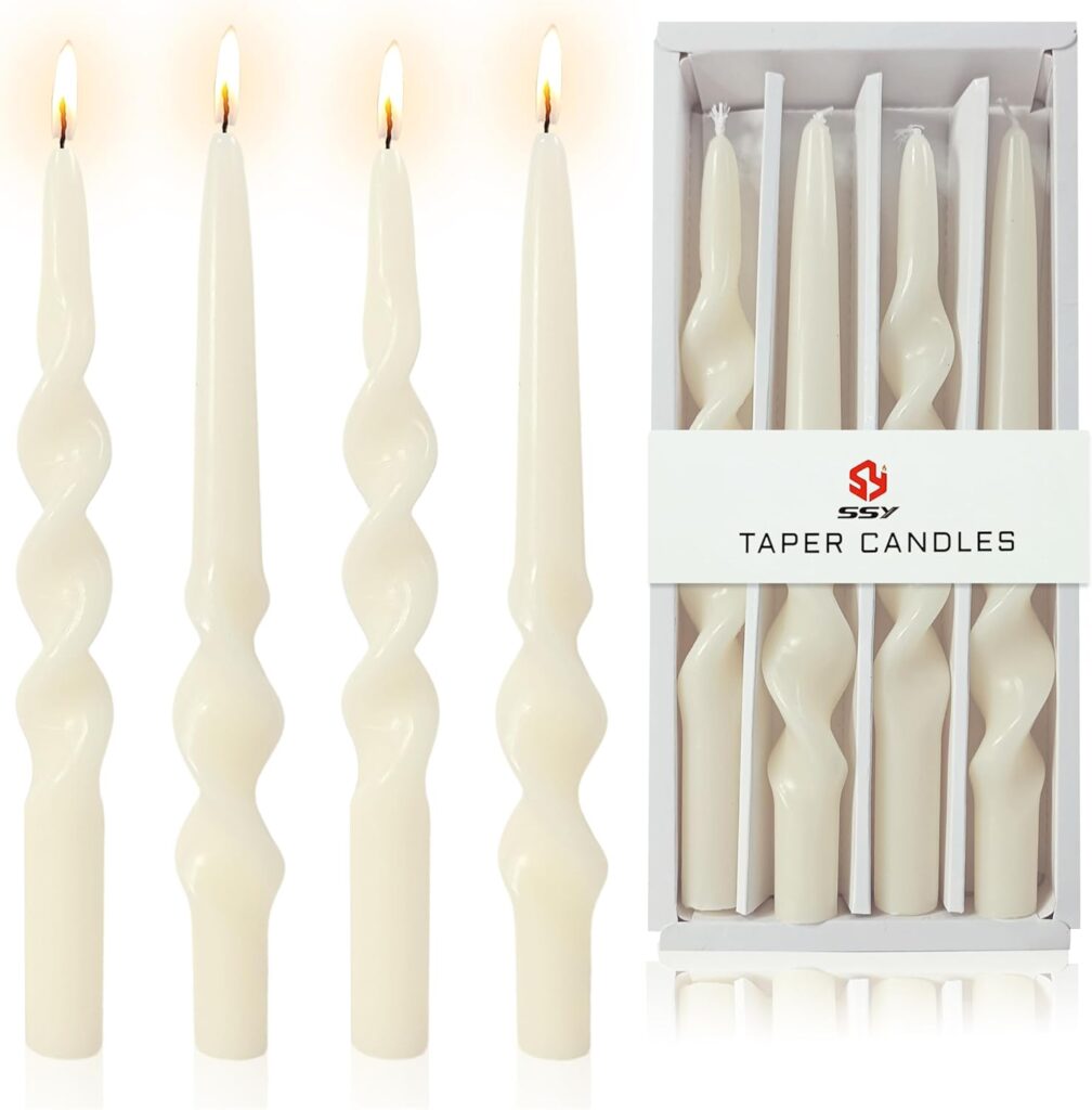 10 Inches Spiral Taper Candles Sticks Ivory Twisted Candle Dripless Unscented Long Candles, Handmade Candlesticks for Wedding Dinner Decor, Set of 4