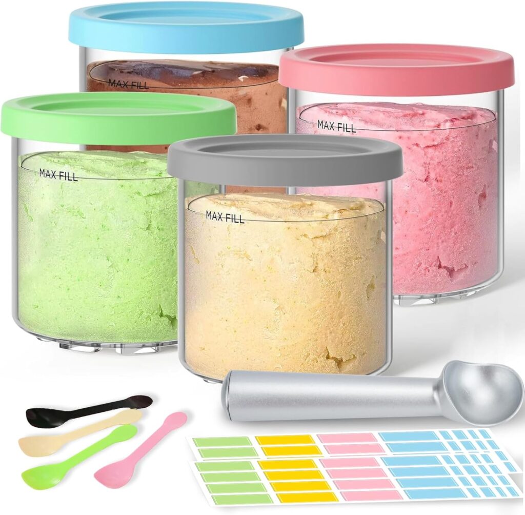 4 PCS Containers Replacement for Ninja Creami Pints and Lids, 16 oz Creami Containers with 5 Spoons, 192 Labels, Ice Cream Cups, Compatible with NC301 NC300 NC299AMZ Series, Dishwasher Safe