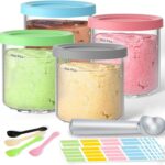 4 PCS Containers Replacement for Ninja Creami Pints and Lids, 16 oz Creami Containers with 5 Spoons, 192 Labels, Ice Cream Cups, Compatible with NC301 NC300 NC299AMZ Series, Dishwasher Safe