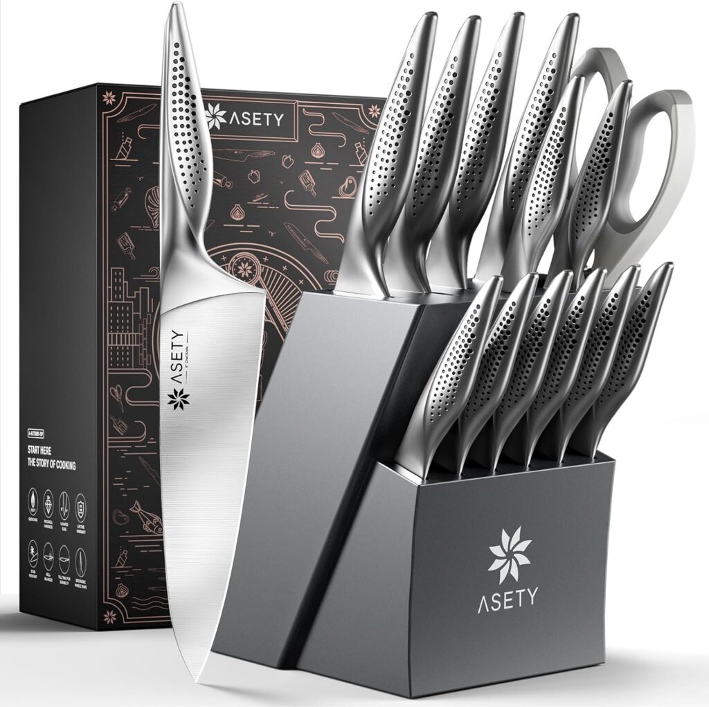 Kitchen Knife Sets with Block – Ultra Sharp Knives Set for Kitchen, 15 PCS Stainless Steel Knife Set with Built-in Sharpener, Ergonomic Non-Slip Handle, Christmas Elegant Box for Men Women