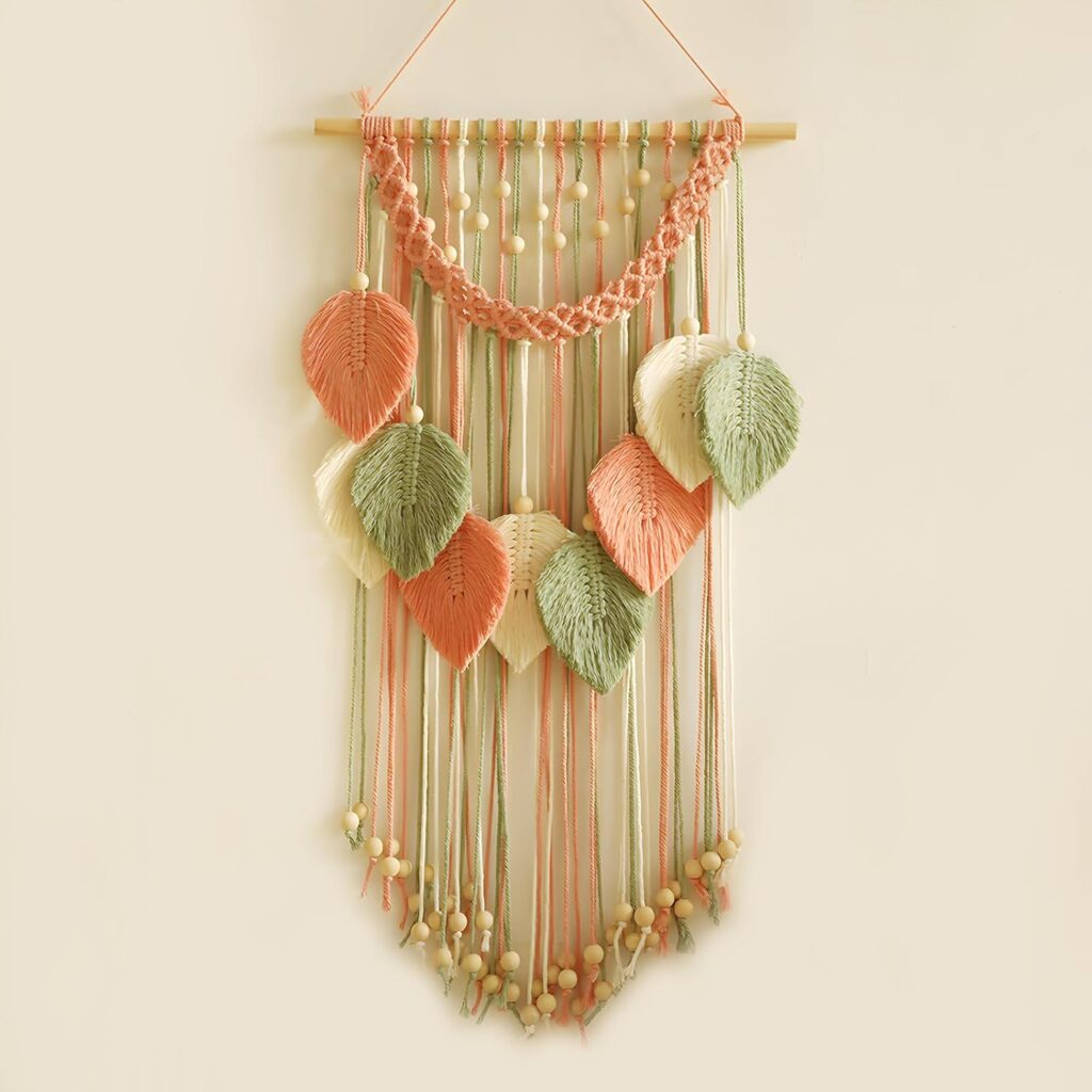 Seeyoo Macrame Leaf Wall Hanging, Boho Feather Tapestry with Wooden Beads, Handmade Green and Pink Bohemian Decor for Bedroom, Living Room, or Office