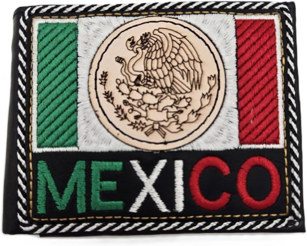 Handcrafted Leather Mexico Flag Wallet, Embroidered Seal