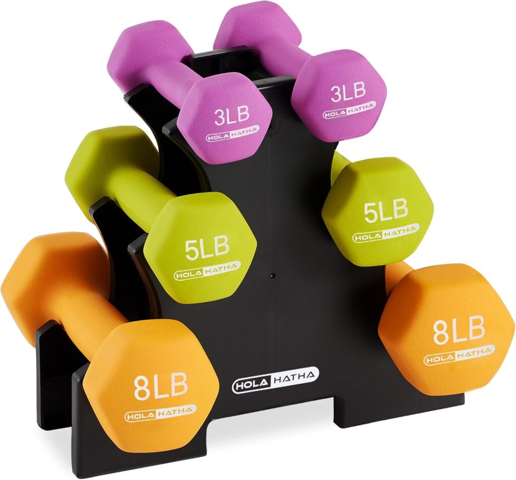 HolaHatha Neoprene Dumbbell Weights Set with Rack, Home Gym Equipment, 32 Lbs, Multicolor – Portable Weighted Exercise Dumbbells for Fitness, Training, and Lifting Workouts
