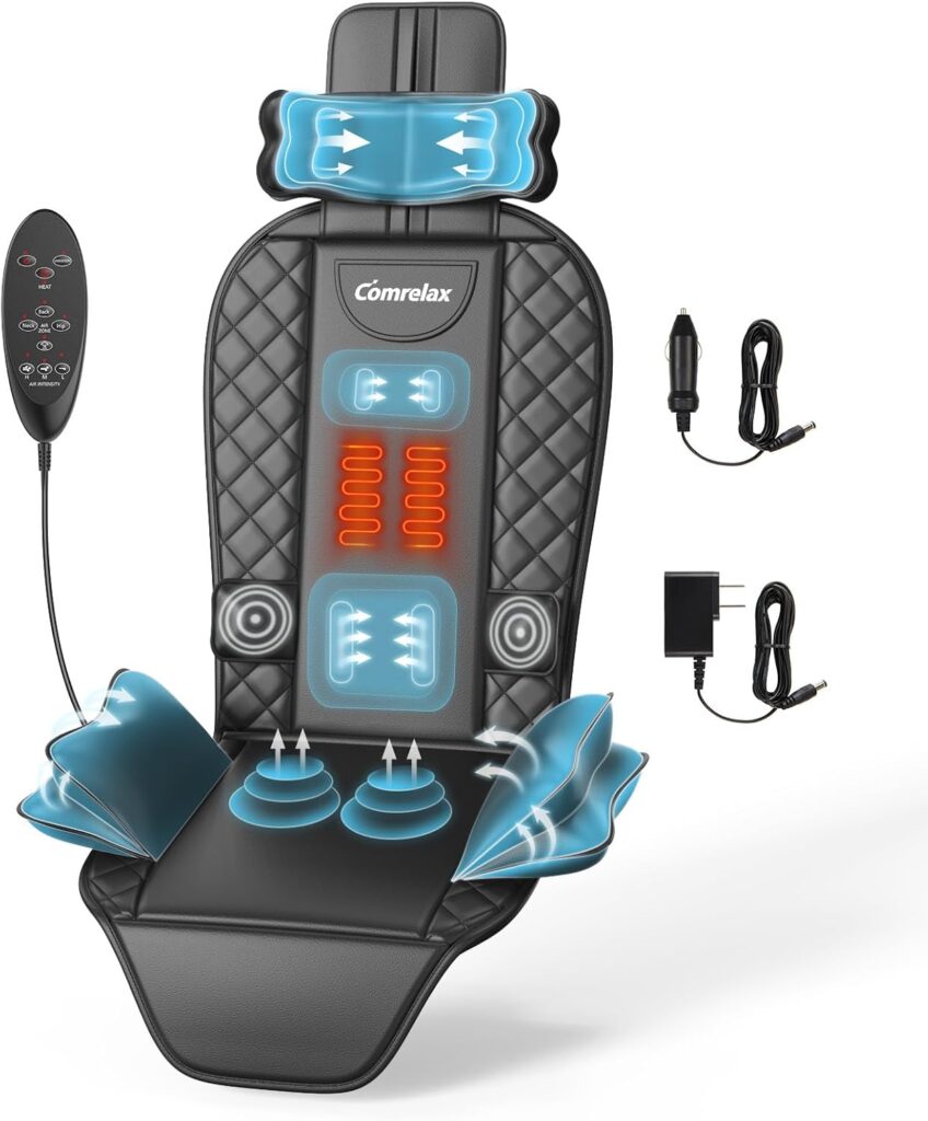 Back Massager with Heat & Traction & Vibration, Seat Massager Pad for Pain Relief Deep Tissue, Lumbar Traction, PU Leather, Foldable, for 5’ to 6’1”, Massage Chair Pad for Office Home