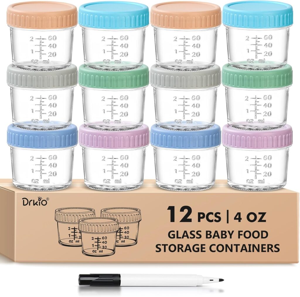 DRKIO 12 Pack Glass Baby Food Storage Containers – 4 Oz Baby Food Jars with Lids Baby Food Maker Microwave Dishwasher Freezer Safe 100% Leak Proof BPA Free Reusable