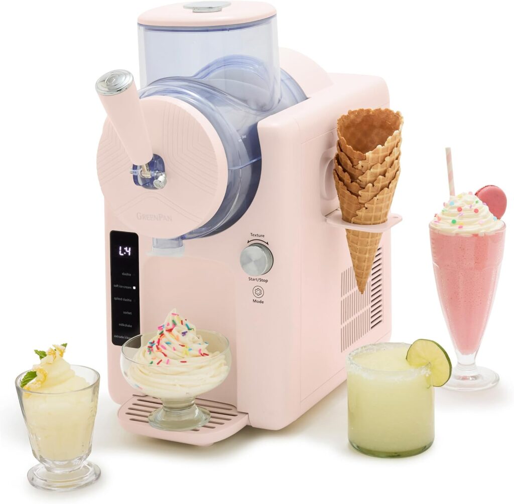 GreenPan Frost Ice Cream Machine & Frozen Drink Maker, Soft Serve, Slushie, Milkshakes & Cocktails, No Freezer Needed, 15-in-1, 7 Textures, Quiet & Rapid, Easy Clean, Family Size, Strawberry Pink