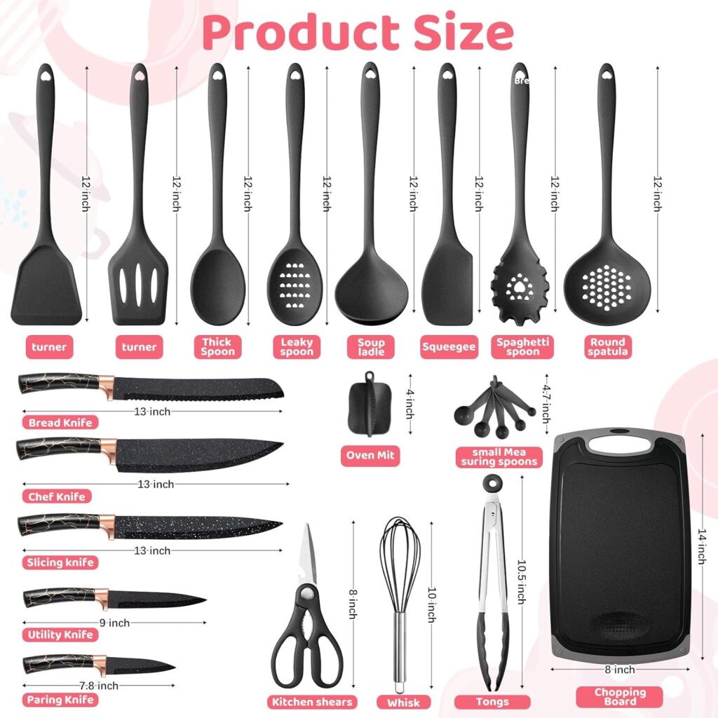 25 PCS Kitchen Utensils Set, Silicone Cooking Utensils Set with Kitchen Knife Set and Holder, Silicone Handle Kitchen Tool Set – Kitchenware Set(Rose Gold Black)