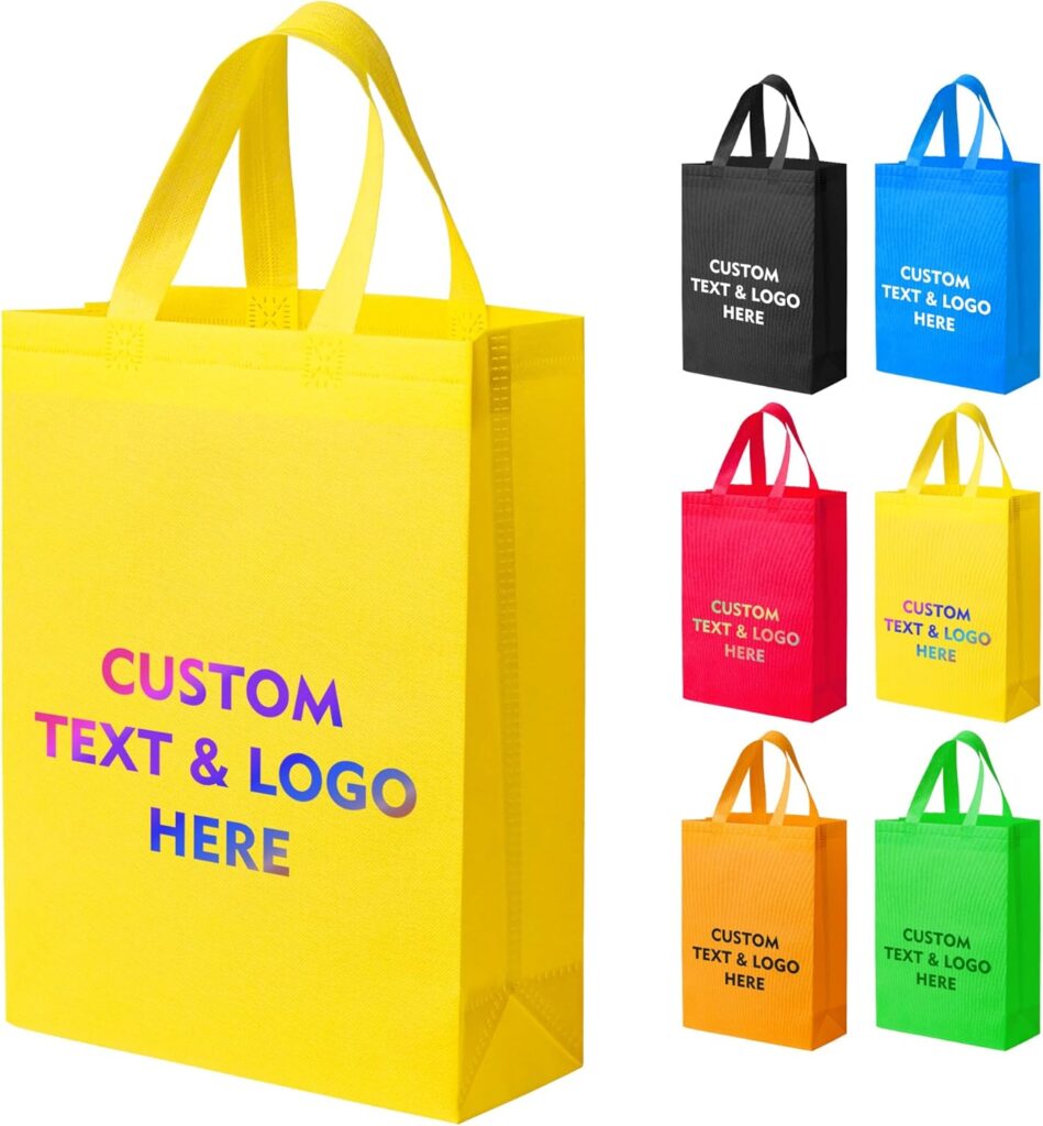 Custom Tote Bags 100pcs, Yellow Non-woven Tote with Logo, Reusable Bag with Durable Handle, Ideal for Grocery Shopping, Gifts Wrapping & Travel