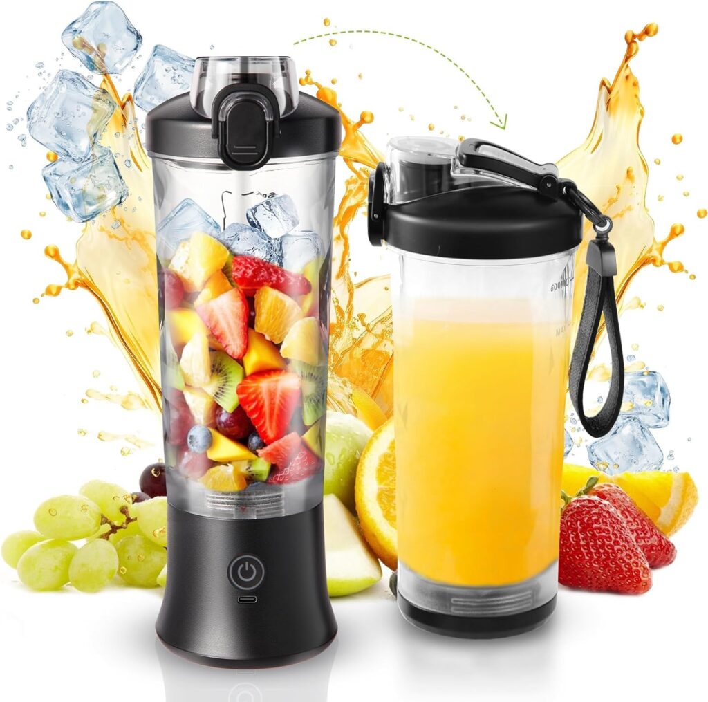 Portable Blender for Shakes and Smoothies, 20oz Rechargeable Electric Protein Shaker Bottle with 6 Leaf Blade, Travel Lid, Mini Small Personal Juicer Blender Cup for Gym, Travel, Kitchen, Office, Home