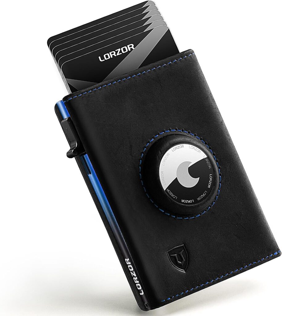 LORZOR AirTag Wallet – Full Grain Leather, Mens Minimalist Wallet with Apple Air Tag Holder, Slim Smart Pop up Card Case, ID Window, RFID Blocking, Front Pocket (AirTag Not Included)