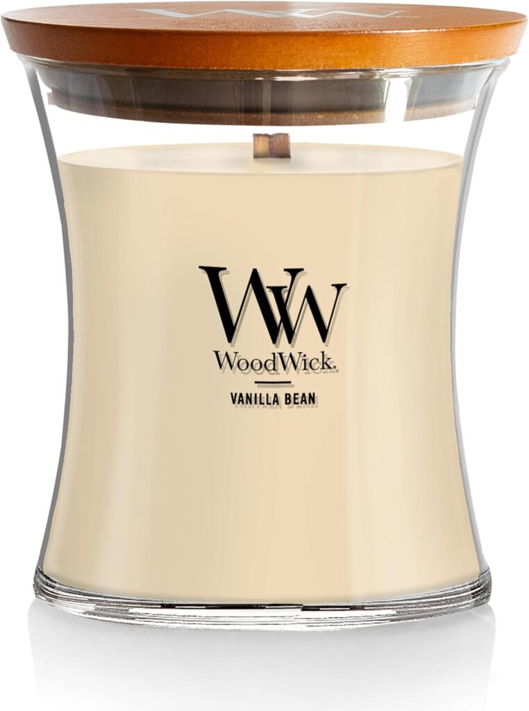 WoodWick Vanilla Bean Holiday Candle Gifts for Women and Men, 9.7 oz Medium Hourglass Candle with Crackling Wick