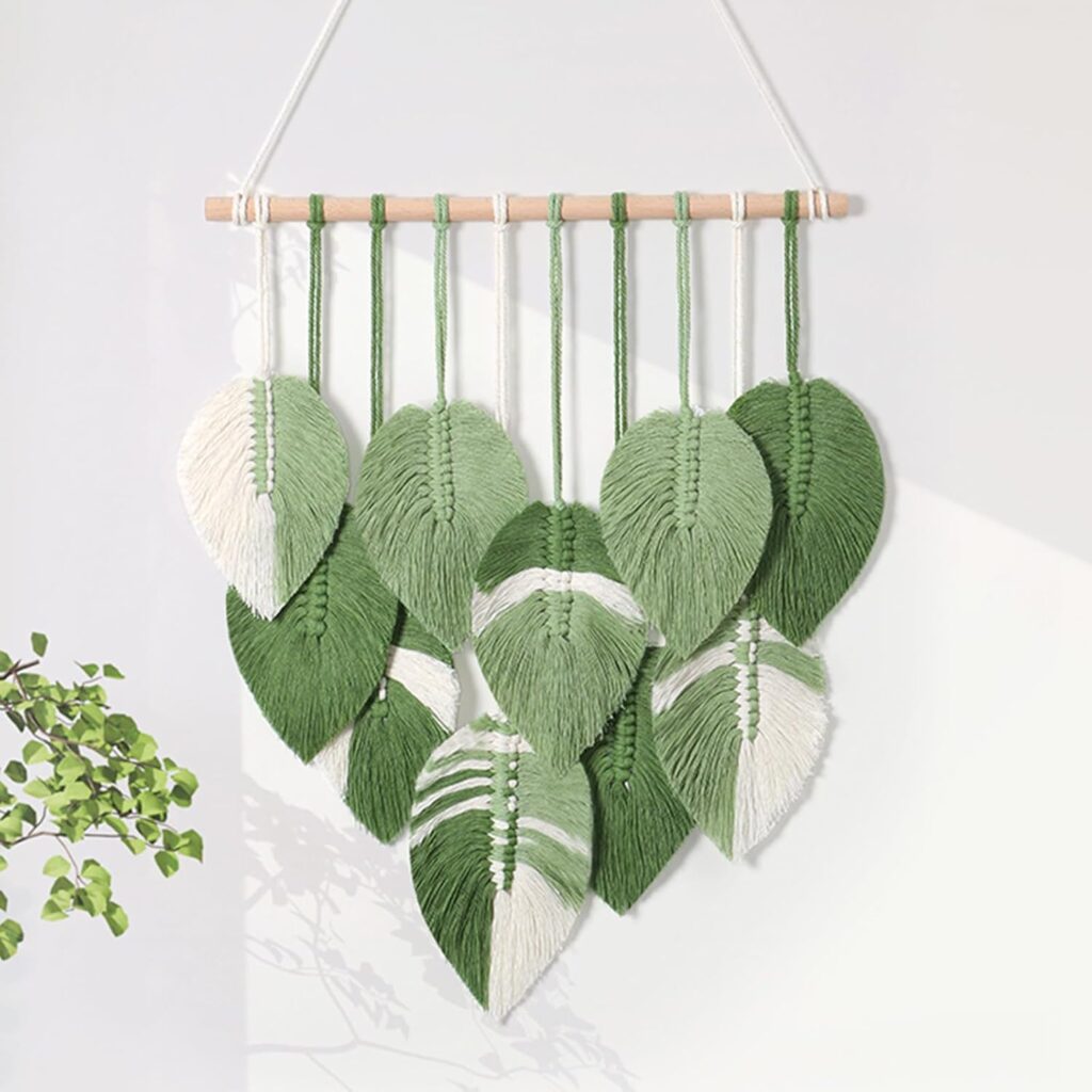MEIVINES Macrame Tapestry, Boho Home Decor Hanging Tapestry Wall Art, Unique Handmade Leaf Feather Hanging Wall Decor for Bedroom Living Room Nursery Apartment