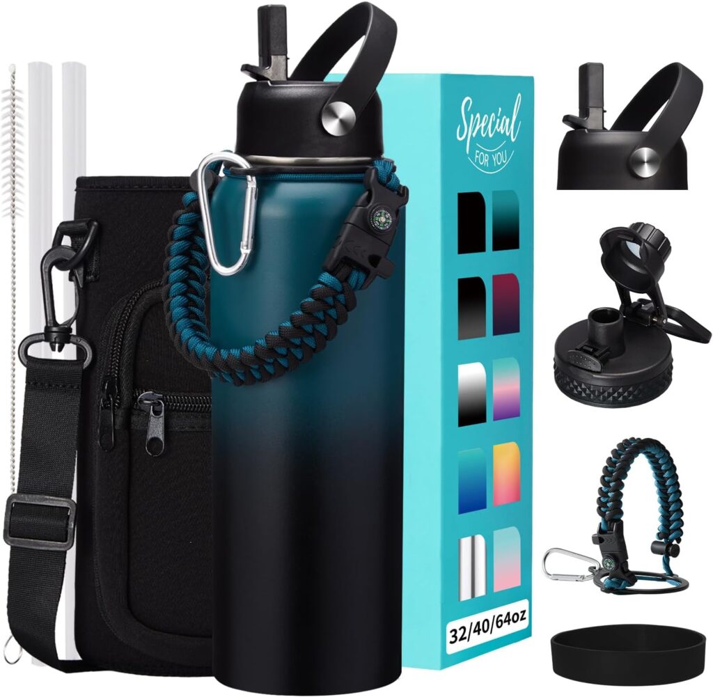 32 40 64OZ Insulated Water Bottle – Keep Cold 48H Hot 24H, Combo Straw & Spout Lids, Survival Paracord Handle, Bottle Carrier Bag w/Strap, Protective Cup Mat, Stainless Steel Flask Jug