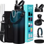 32 40 64OZ Insulated Water Bottle – Keep Cold 48H Hot 24H, Combo Straw & Spout Lids, Survival Paracord Handle, Bottle Carrier Bag w/Strap, Protective Cup Mat, Stainless Steel Flask Jug