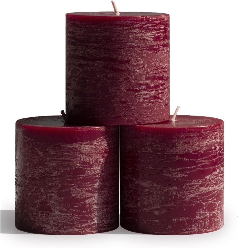 CANDWAX 3×3 Pillar Candles Set of 3 – Rustic Unscented No Drip Burgundy Candles for Home Decor, Weddings, Centerpieces