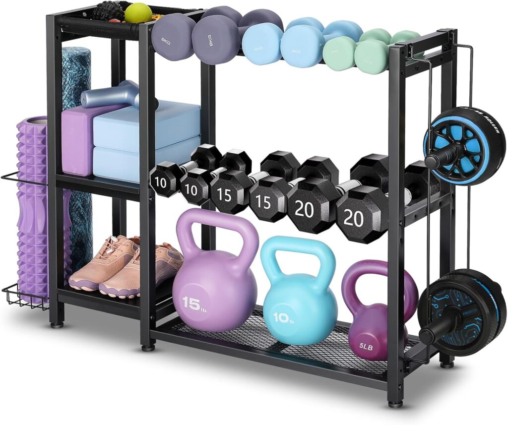 3-Tier Dumbbell Rack Stand Only – Adjustable Weight Rack for Home Gym, Heavy-Duty Weight Stand for Dumbbells Kettlebells Foam Roller Yoga Mats, Workout Equipment Storage Organizer With Hooks