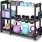 3-Tier Dumbbell Rack Stand Only – Adjustable Weight Rack for Home Gym, Heavy-Duty Weight Stand for Dumbbells Kettlebells Foam Roller Yoga Mats, Workout Equipment Storage Organizer With Hooks