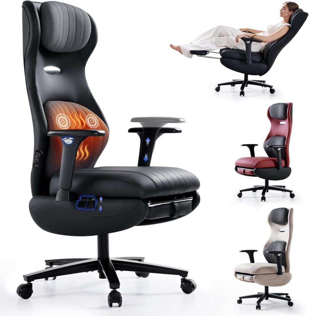 EMIAH Heated and Massage Office Chair with Foot Rest Ergonomic Reclining Desk Chair with Adjustable Arms and Headrest High Back Gaming Chair with Lumbar Support, PU Leather(Black)