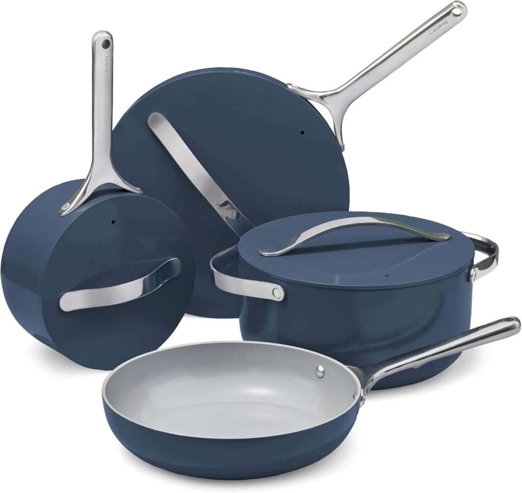 Caraway Nonstick Ceramic Cookware Set (12 Piece) Pots, Pans, Lids and Kitchen Storage – Non Toxic – Oven Safe & Compatible with All Stovetops – Navy
