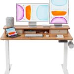 BANTI 48×24 Inch Electric Standing Desk with Dual Drawers, Height Adjustable Stand Up Table, Sit Stand Home Office Desk with Storage Shelf, White Frame/Light Rustic Brown Top