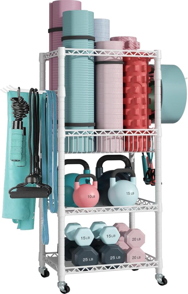 FUTASSI Home Gym Storage, 3 Tiers Workout Equipment Organizer with Wheels for Yoga Mats, Foam Roller, Dumbbells, Kettlebells, and Resistance Bands