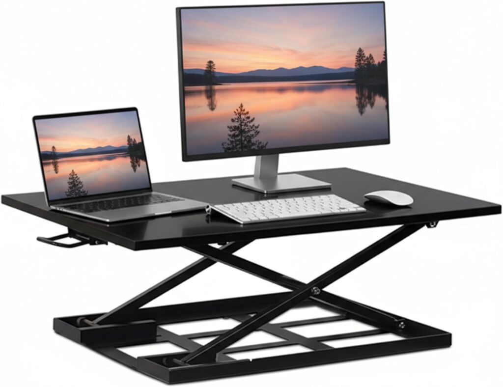 Mount-It! Standing Desk Converter, Sit Stand Desk Riser with Gas Spring, Ergonomic Height Adjustable Desktop Platform, Collapsible Slim Profile, Preassembled Workstation for Home & Office, Black