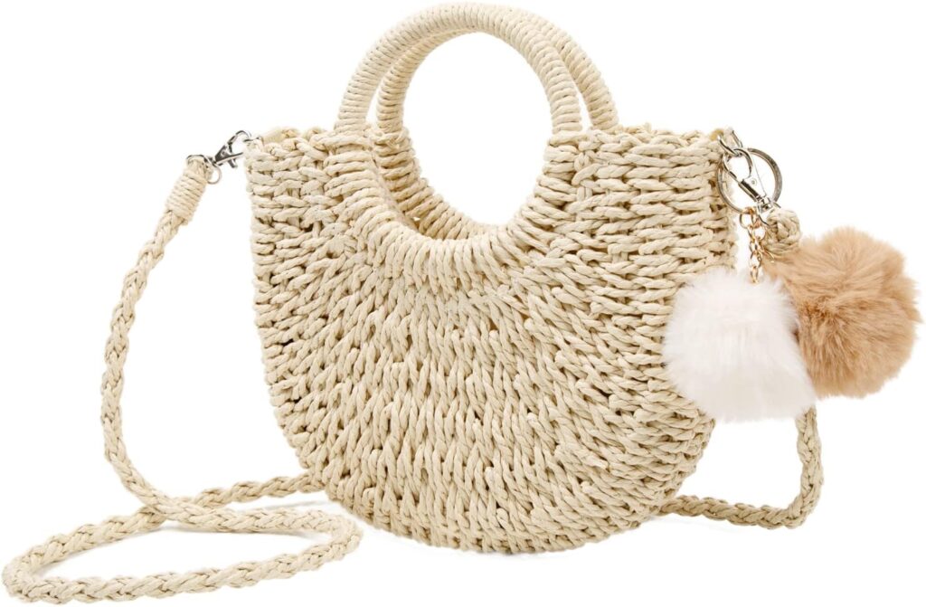 Garemcy Summer Beach bag Women’s Straw Crossbody Bag Mini Travel Shoulder Bag Handmade Straw Tote Bag Womens Handbag