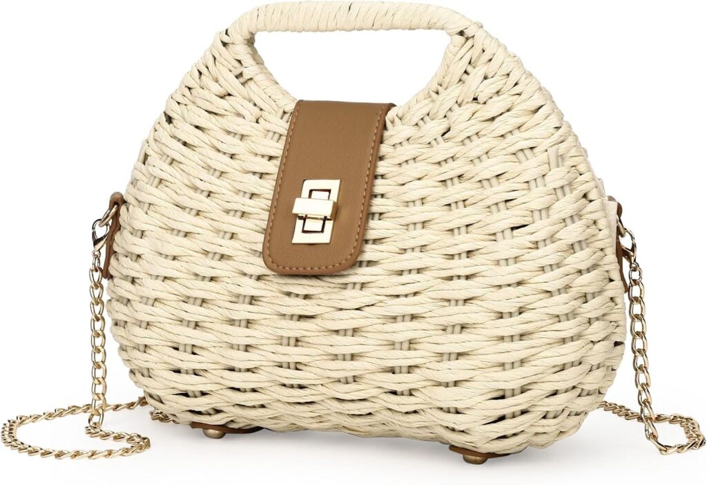 Women Straw Crossbody Bag,Straw Woven Purses with Chain,Beach Handbag for Women