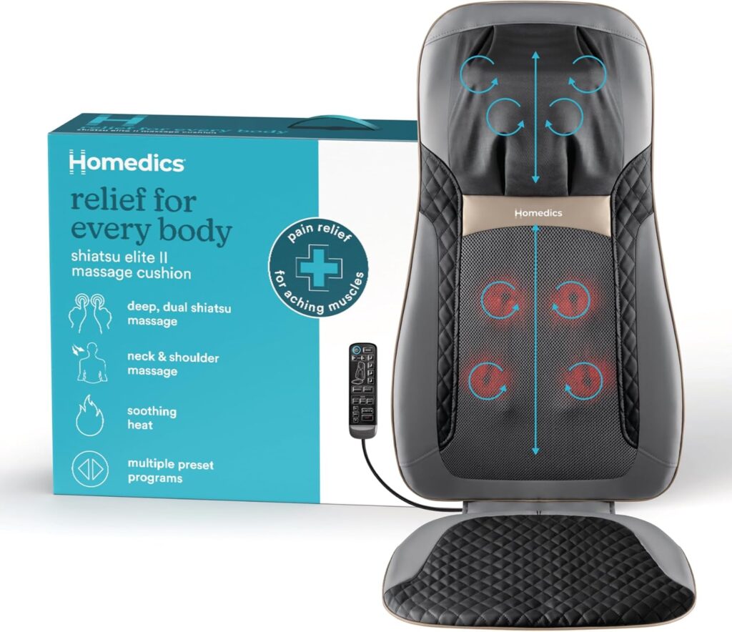 Homedics Back Massager with Heat, Shiatsu Elite II Heated Neck and Back Massage Cushion. 3 Different Massage Styles and 3 Massage Zones. Comes with Controller and Chair Straps