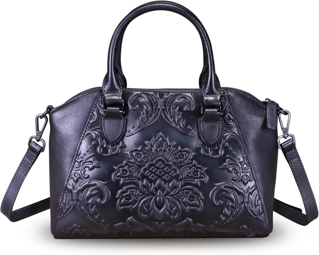 Genuine Leather Purses and Handbags for Women Vintage Embossed Leather Top Handle Bag Satchel Crossbody Shoulder Bag Strap