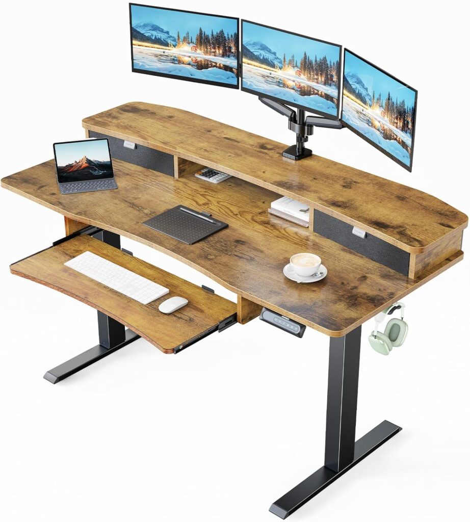 HUANUO 55″ x 26″ Electric Standing Desk with 2 Drawers & 26.7″ Large Keyboard Tray, C-Clamp Mount Compatible, Adjustable Computer Desk for Home Office, Stand Up Desk with 4 Height Presets, Vintage