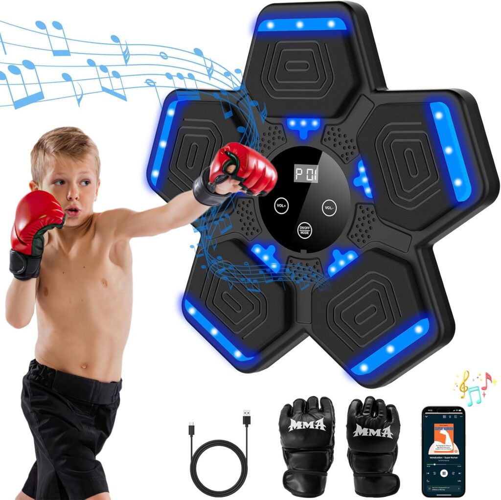 2025 Music Boxing Machine for Adults and Kids, Smart Bluetooth Boxing Training Equipment with Gloves Wall Mounted, Workout Punching Machine for Home,Office and Gym