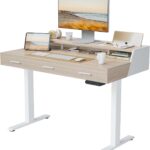 FEZIBO Electric Standing Desk with Drawers, 55×26 Inch Adjustable Height, Stand Up Desk with Monitor Shelf, Sit Stand Home Office Desk, Light Walnut