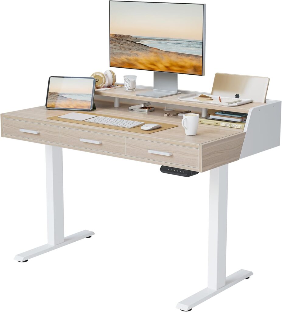 FEZIBO Electric Standing Desk with Drawers, 55×26 Inch Adjustable Height, Stand Up Desk with Monitor Shelf, Sit Stand Home Office Desk, Light Walnut
