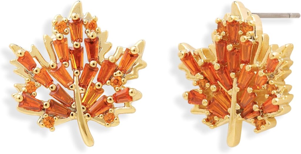 Jean Beau Gold Maple Leaf Stud Earrings for Women, Dainty Cute Orange Rhinestone Fall Leaves Autumn Earring Holiday Fashion Jewelry Gift