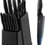 E-far Knife Set with Block, 15 Pieces Kitchen Knife Block Set with Sharpener, High Carbon Stainless Steel Sharp Chef Knife Set with Ergonomic Handles, Anti Rust, Black